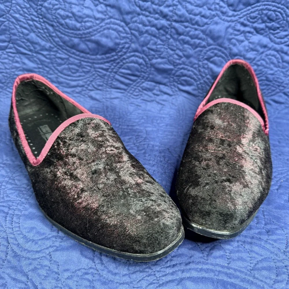 Stacy‎ Adams Mens Crushed Velvet Loafers Black Burgundy Slip On Size 9.5M NICE